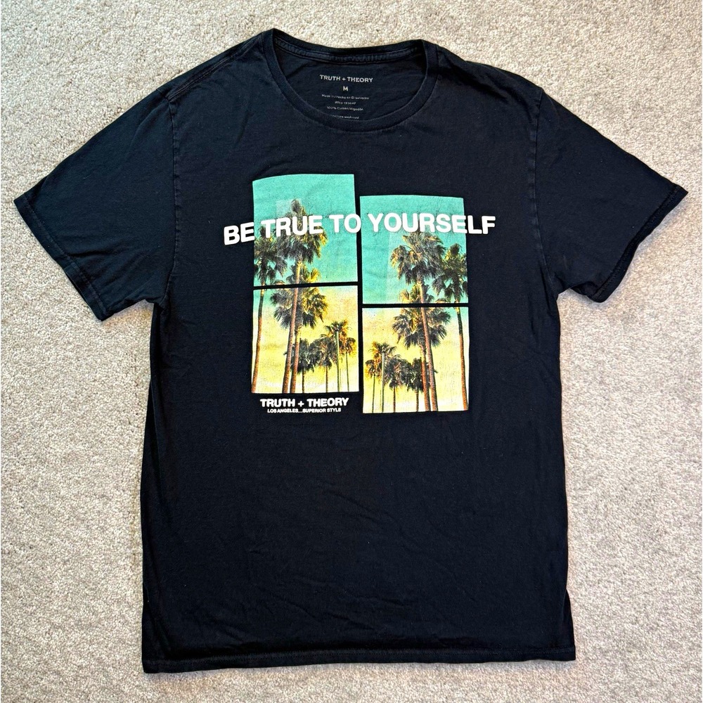 Truth + Theory T-Shirt Mens M Black Be True To Yourself Palm Tree Graphic Tee